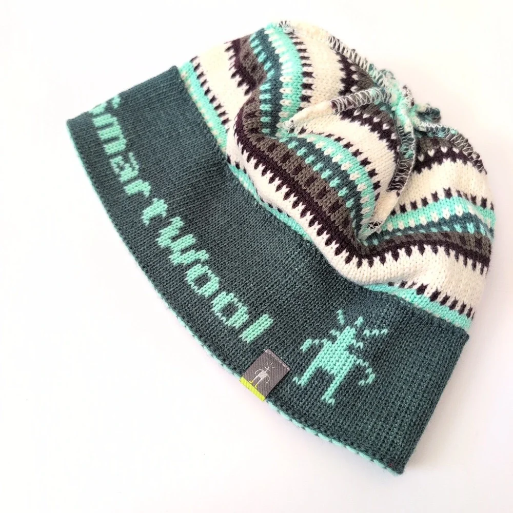 Smartwool Merino Wool Blend‎ Striped Beanie Hat Teal Cream Charcoal Gorpcore